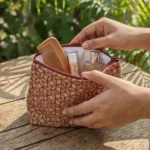 A handmade jute pouch with a red floral pattern, placed on a wooden table with small plants and natural skincare products in the background.